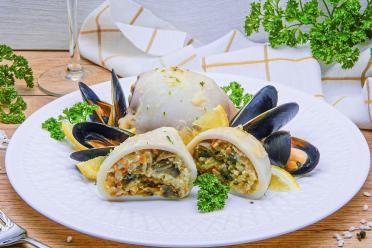 Baked Stuffed Squid with Mushrooms, Rice, and Cheese