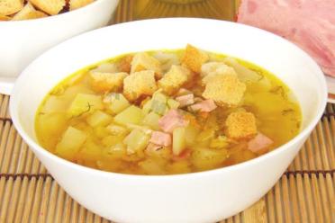 Smoky Slow Cooker Soup with Peas and Croutons