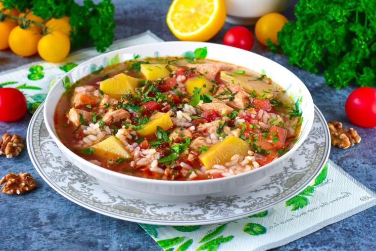 Spicy Chicken Kharcho Soup with Rice and Potatoes