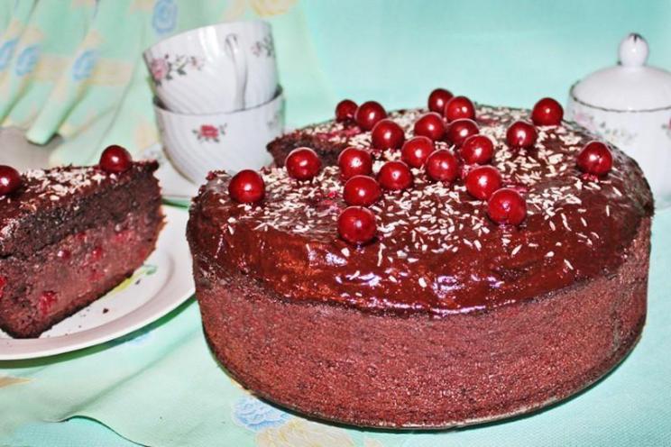 Drunken Cherry Chocolate Cake with Cognac and Coconut