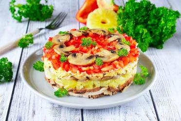 Festive Layered Mushroom Pineapple Cheese Salad