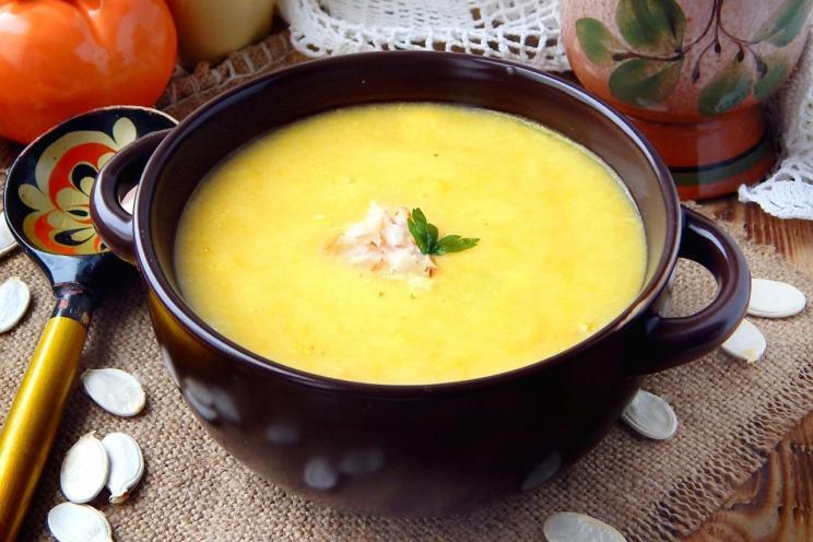 Creamy Pumpkin Soup with Vegetables and Melted Cheese Creamy Pumpkin Soup with Vegetables and Melted Cheese