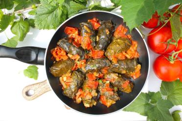 Tomato-Sauced Grape Leaf Rolls