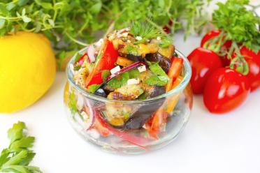 Garlic Eggplant, Bell Pepper, and Tomato Salad