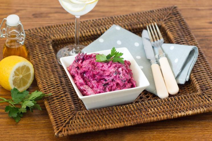 Beet and Nut Salad with Cucumbers, Apples, and Prunes