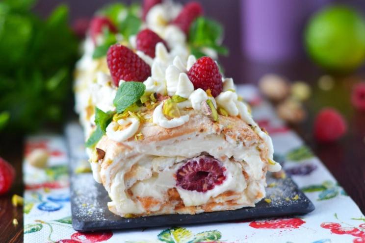 Pistachio Raspberry Mascarpone Meringue Roll