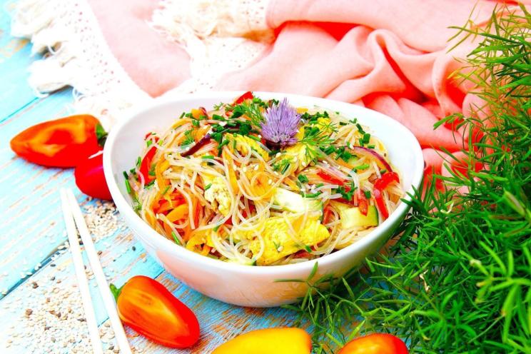 Chicken Funchose Salad with Soy-Ginger Dressing